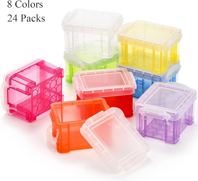 Hiceeden 24 Pack Mini Plastic Storage Bins with Lid, 3.3"×2.6"×2" Clear Latch Small Storage Box, Stackable Organizer Container for Crafts, Jewelry Beads, Office Supplies, 8 Colors