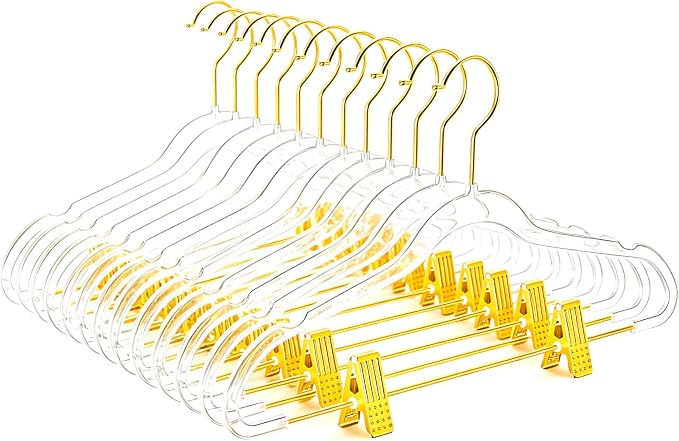 MIZGI Slim Clear Gold Pants & Skirt Hangers (20 Pack) – Adjustable Clips & Hooks, Transparent Non-Felt, Space-Saving for Dresses, Shirts, Blouses