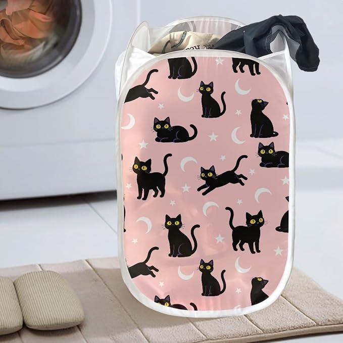 AFPANQZ Mesh Popup Laundry Hampers Foldable Portable Dirty Clothes Basket Organizer, Black Cat Moon Collapsible Hamper for Bedroom, Kids Room, College Dorm and Travel 61L
