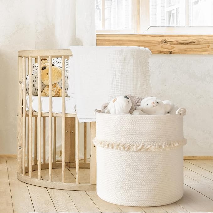 CherryNow Extra Large Woven Storage Baskets – 17'' x 16'' Cotton Rope Decorative Hamper for Magazine, Toys, Blankets, and Laundry, Cute Tassel Nursery Decor - Home Storage Container Off-white