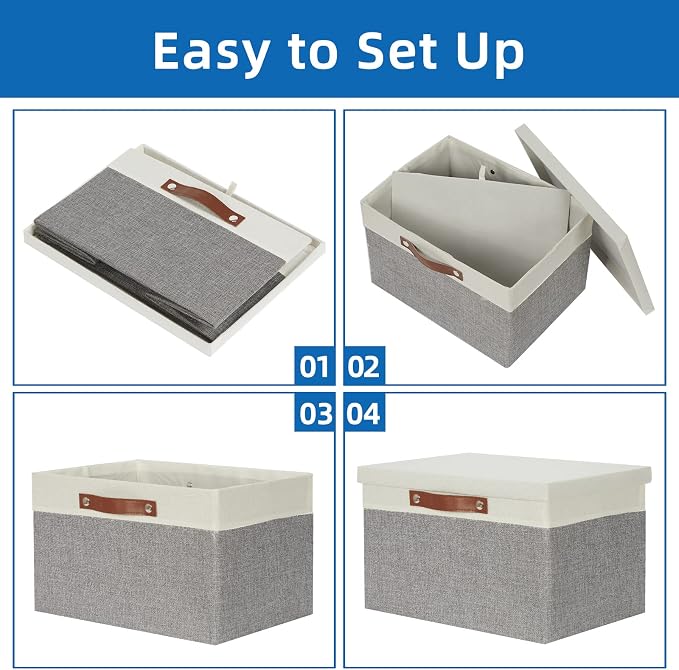 Temary Collapsible Storage Bins Storage Boxes with lid, 2 Pack Storage Baskets with Lid Organizing Clothes, Decorative Organizer Bins with Handles (White&Gray, 15x11x9.5inch)