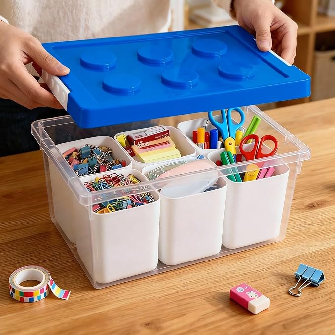 Plastic Storage Bins with Lids, Art Craft Supply Organizer Box with Brush Pot, Multipurpose Stackable Storage Containers for Organizing Tool, Craft, Crayon,Sewing (Blue)