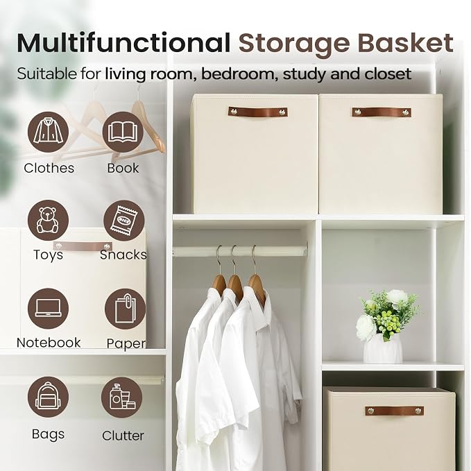 FinishingBo 6-Pack Storage Cubes with Handles & Label Holders Basket, Closet Cube Home Organizer Bins(Beige, 13 x 13 x 13 inch)