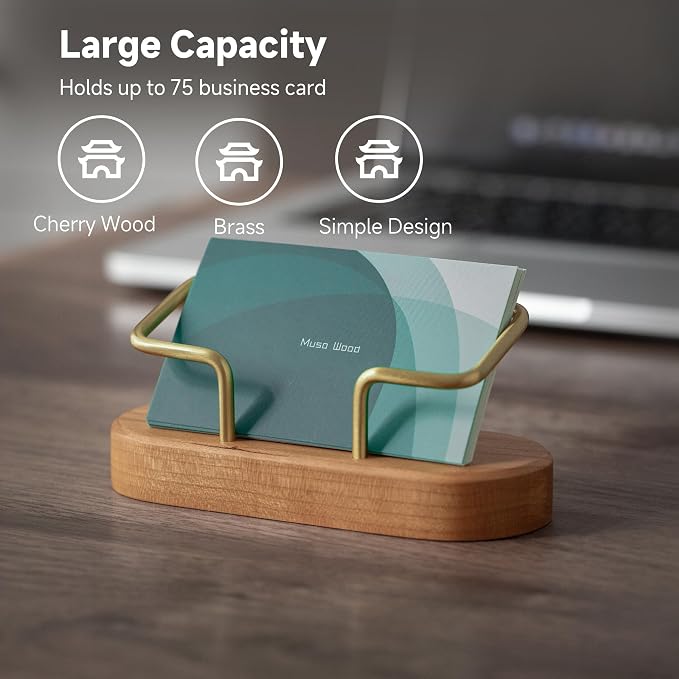 muso wood Business Card Holder for Desk, Wooden Creative Business Card Display for Desk, Wood Business Card Stand for Office, Tabletop (Cherry 1pack)