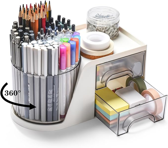 Rotating Desk Organizer with 2 Drawer, Pencil Pen Holder for Desk, Desk Organizers and Accessories with 4 Compartments + Drawer for Office Home Art Supplies (White)