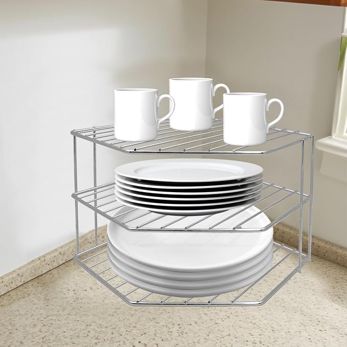3-Tier Corner Shelf Counter and Cabinet Organizer - Steel Metal Wire - Rust Resistant - Plates, Dishes, Cabinet & Pantry Organizer - Kitchen Organization (10 x 7.5 Inch) (Chrome)