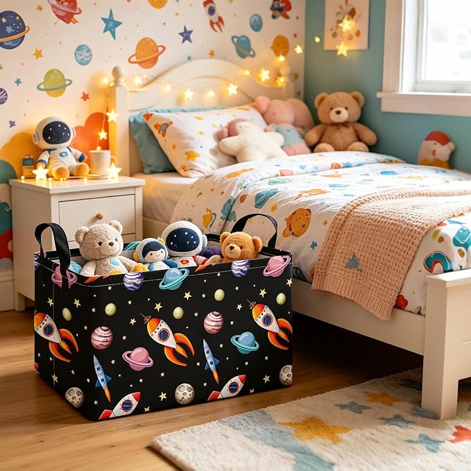 Rectangular Planet Rocket Storage Bin Toy Organizer | Storage Bin Foldable Canvas with Handles for Organizing Home Kitchen Children Toys Office Closet Shelf Baskets