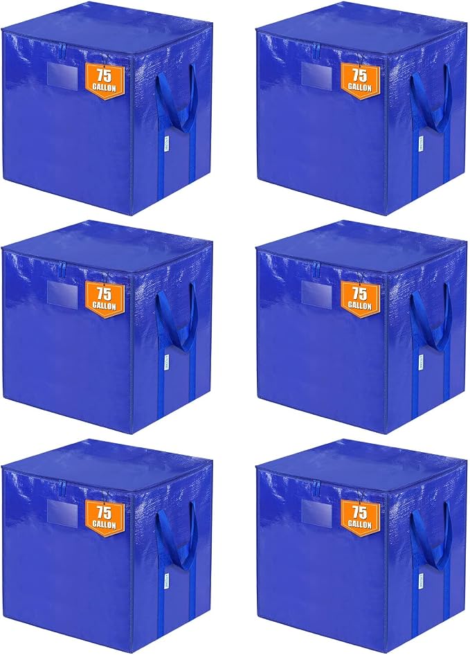 TICONN 6 Pack Extra Large Moving Bags with Zippers & Carrying Handles, Heavy-Duty Storage Tote Moving Boxes for Space Saving (6 PK, 75 Gallon)