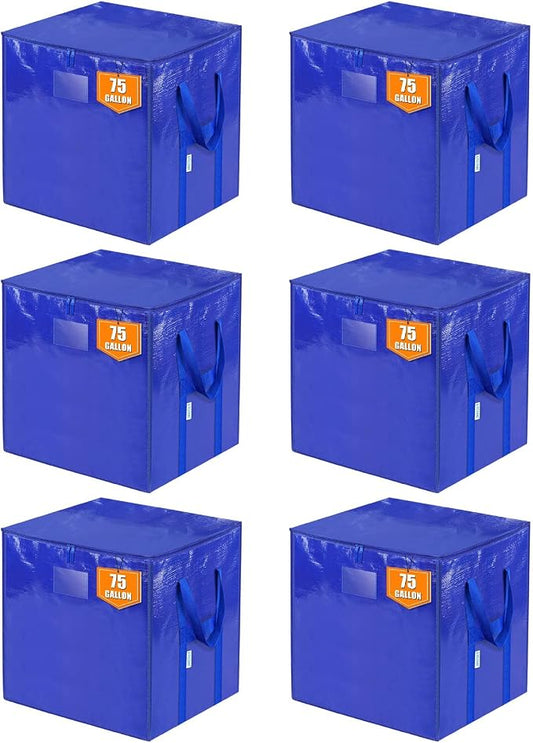 TICONN 6 Pack Extra Large Moving Bags with Zippers & Carrying Handles, Heavy-Duty Storage Tote Moving Boxes for Space Saving (6 PK, 75 Gallon)