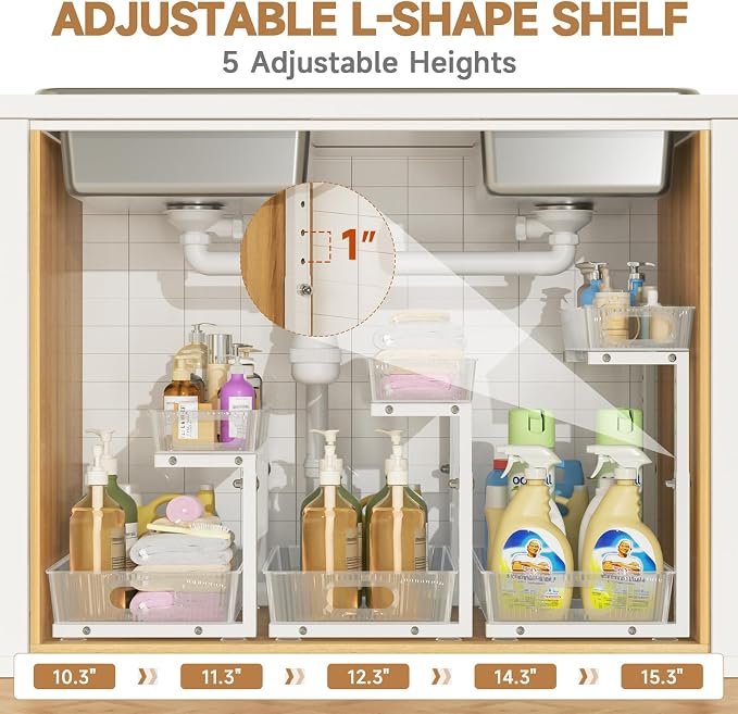 ETOYA 2 Pack Under Sink Organizer Kitchen, 2-Tier Pull Out Cabinet Organizer, L-Shaped Adjustable Height, Acrylic Under Sink Storage Shelf for Kitchen, Bathroom Vanity & Utility Closet