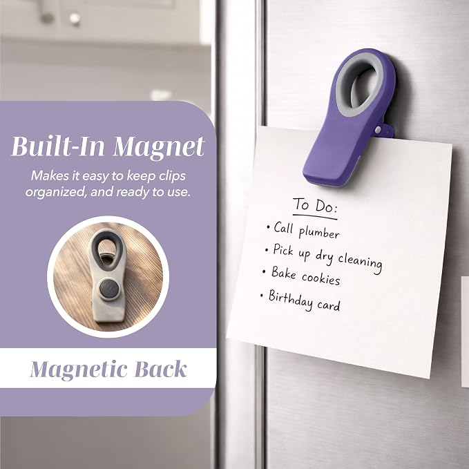 COOK WITH COLOR Bag Clips with Magnet- Food, Chip, Bag Clips for Food Storage with Airtight Seal Grip for Bread, Snack and Food Bags (Lavender, Pack of 20)