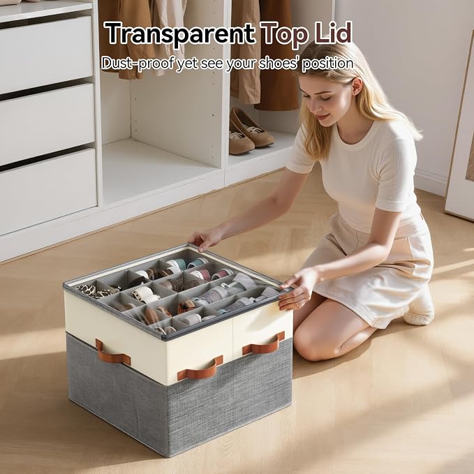 Lewondr Shoe Organizer for Closet, Foldable Shoe Storage Box with Adjustable Dividers and Clear Cover, Space Saving Shoes Holder with 4 Handles, Fits up to 16 Pairs, Beige+Gray