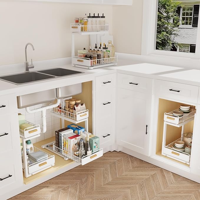 2 Pack Under Sink Organizer with Ball Bearing Sliding Drawer, Heavy Duty Pull Out Cabinet Organizer, 2 Tier Adjustable Storage Rack for Kitchen Bathroom, Space Saving Design, White