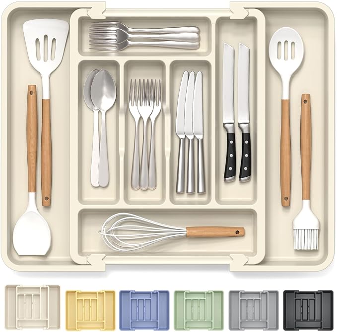 Caperci Large Silverware Organizer for Kitchen Drawer & Utensils - Expandable Drawer Organizer for Cutlery, Flatware & Gadget, BPA-Free Thick Plastic, Wider Compartments & Non-skid Feet (Tofu)