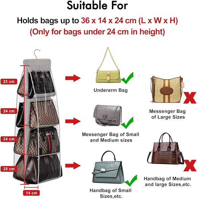 Lirex 2-Pack Handbag Hanging Purse Organizer for Closet, 8 Pocket Handbag Storage Organizer Hanger Oxford Cloth Closet Organizer for Family Closet Bedroom, Foldable and Universal Fit, Dark Grey
