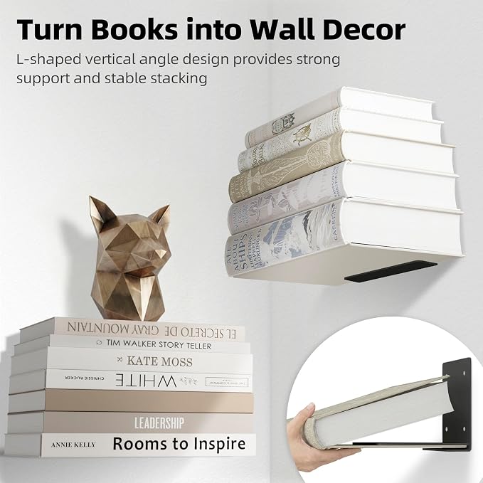 STORAGE MANIAC Floating Book Shelves for Wall Mounted Invisible Floating Bookshelves Heavy-Duty Steel Hidden Bookshelf Hanging Bookshelves for Bedroom Living Room Office, Black 4-Pack Large