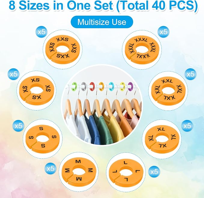 PATIKIL Clothes Dividers for Hanging Clothes, 40 Pack 8 Sizes Round Pre-written Clothing Rack Dividers Size Mark Label Sorting Separator for Closet, Orange