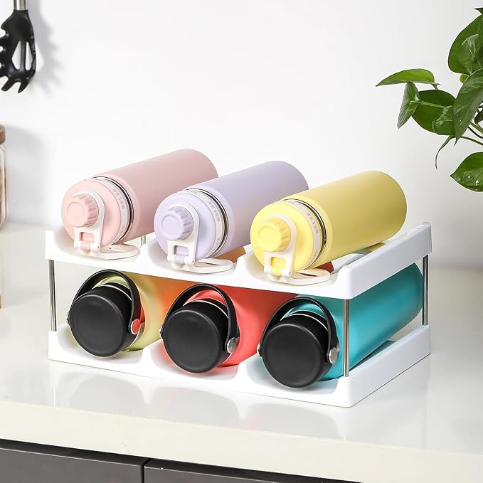 LANDNEOO Stackable Water Bottle Organizer Holder - for Stanley & Others' Large Tumbler Organization - White Plastic Wine Rack, Bottle Holder for Home Countertop Fridge Pantry Shelf, 2 Tier Hold 6