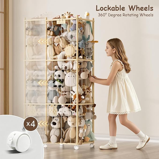 Stuffed Animal Storage Zoo with Wheels,Montessori-Inspired Solid Pine Wood Plush Toy Organizer,Extra Tall Stuffed Animal Holder with Thick Elastic Cords for Nursery,Kids Room and Bedroom,Extra Large