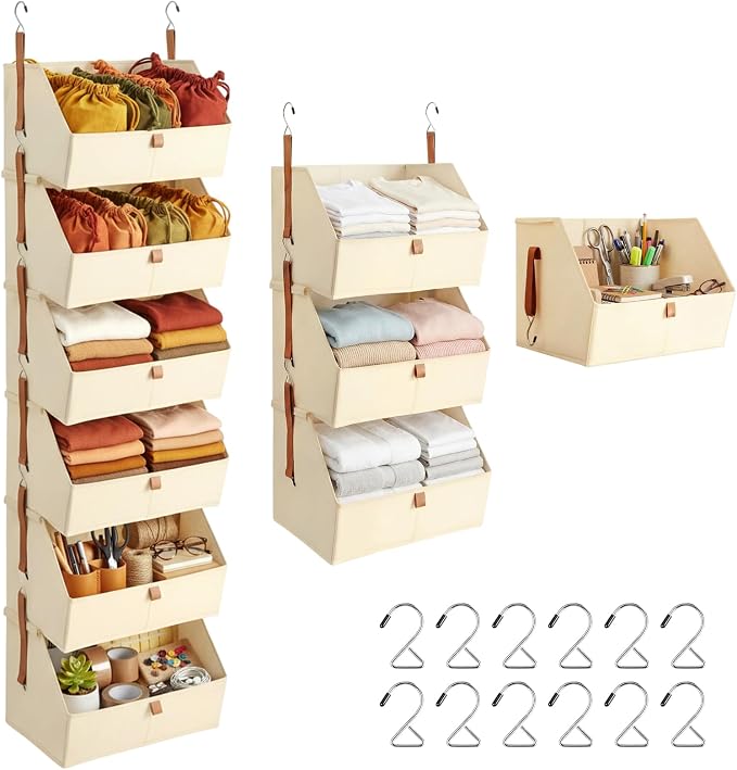 Hanging Closet Organizer 6 Tier Clothes Hanging Shelves with Hooks Zipper, Fabric Storage Bins Space Saving Closet System Collapsible Basket for Sweater Handbags, Laundry Bedroom Rv Dorm Home