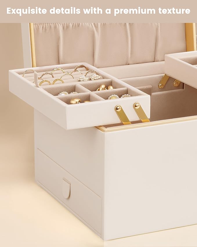 Lolalet Jewelry Box Organizer for Women Girls, 2 Layer Jewelry Organizers and Storage for Necklace Earrings Rings Bracelets, Large Jewellery Holder Case Birthday Gifts -Cream