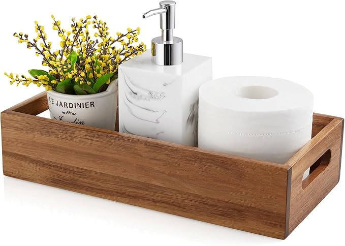 ALELION Acacia Wood Bathroom Storage Basket for Organizing - Toilet Paper Basket with Handle for Back of Toilet Tank Top Topper - Small Narrow Baskets for Kitchen Pantry Garage Laundry Room Storage