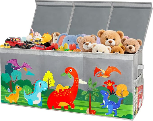 Extra Large Toy Box Chest with Lids Collapsible Storage Organizer for Kids | Dinosaur Toy Bin Box for Toddlers Boys Girls, Organizer for Living Room Nursery Playroom Bedroom Home Grey