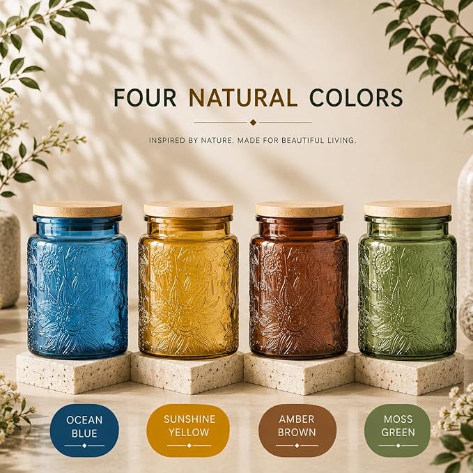 ANSQU 2 Pack Blue Glass Canisters with Lids, 23.7 oz Vintage Embossed Glass Jars, Airtight Food Storage Containers for Coffee Beans, Tea, Sugar, Candy, Cookies, Decorative Kitchen Pantry Organizer
