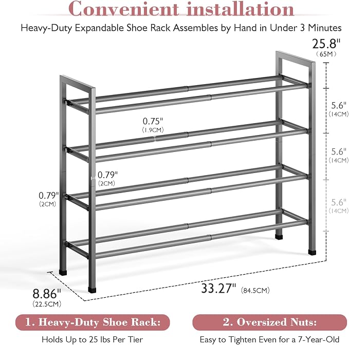 Bumusty 4-Tier Expandable Shoe Rack for Closet, 18“-33” Adjustable Shoe Rack for Small Space, Small Shoe Organizer for Front Door, Sturdy Metal, Gray