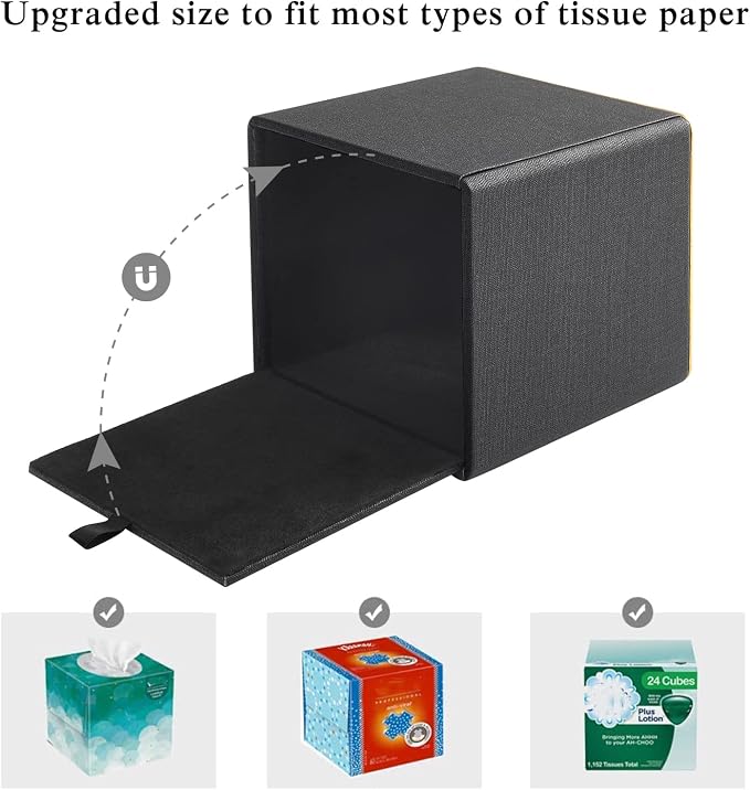 Tissue Box Cover Square Tissue Box Holder PU Leather Facial Organizer with Magnetic Bottom,Decorative Napkin Caddy for Vanity Dresser Night Stand Table Countertop Home Office Car,Black