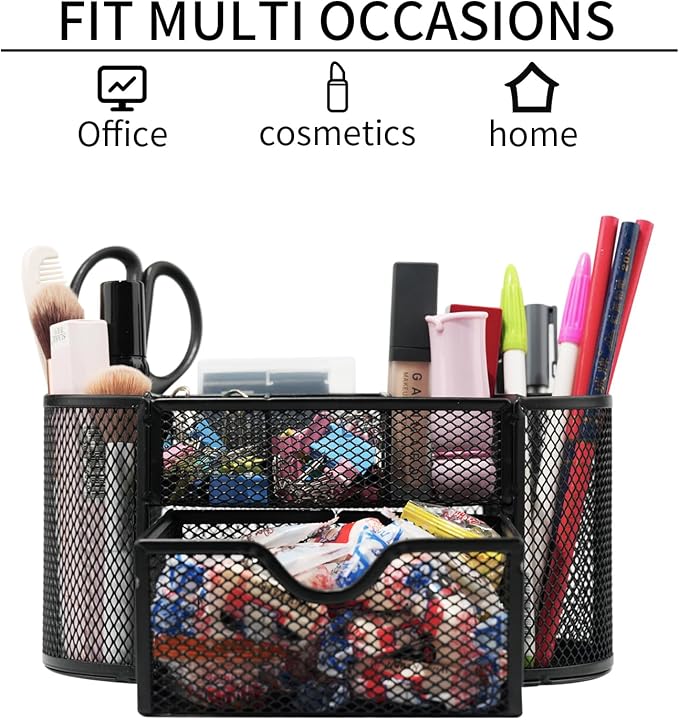 Newkita Desk Organizers and Accessories with Pencil Pen Holder Supply 8 Compartments and 1 Pullout Drawer for Home, School, and Office. (Black)