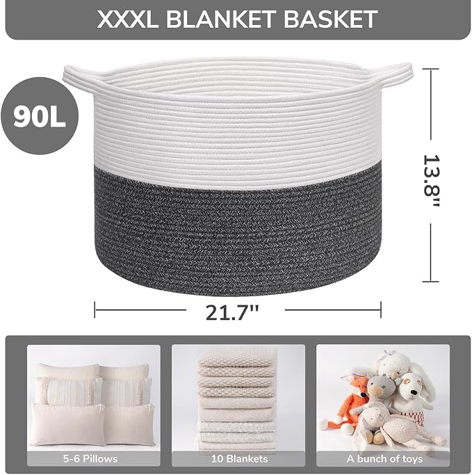 INDRESSME XXXLarge Cotton Rope Basket 21.7" x 21.7" x 13.8" Woven Baby Laundry Baskets Blanket Basket Toy Baskets with Handle Storage Comforter Cushions Gray Laundry Hamper