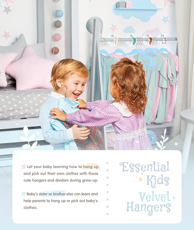 VIS'V Velvet Baby Hangers with 6 Pcs Size Dividers, 11 Inch, Blue, 50 Pcs | Compact Size, Non Slip, Infant Toddler Nursery Closet Organization