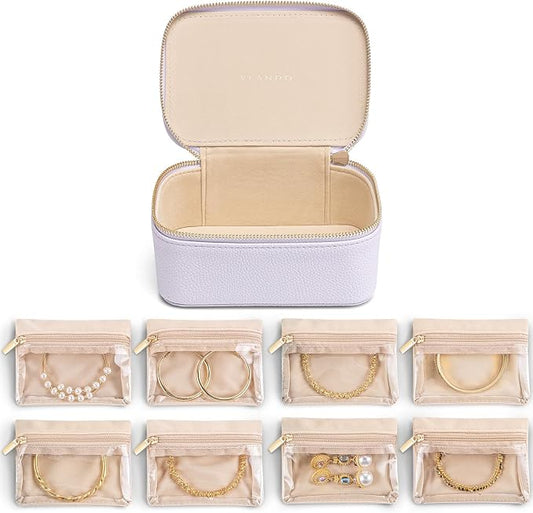 VLANDO Jewelry Travel Case,Travel Jewelry Organizer with Clear Velvet Jewelry Bags Zipper Pouch for Women Girl Gift- 8Pcs Purple