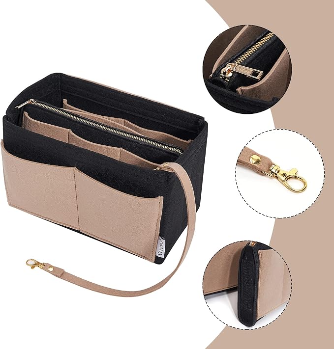 Vercord Felt Organizer Insert For Purse Handbag Tote Bag In Bag Inside Shaper Divider Neo Black & Beige X-Large