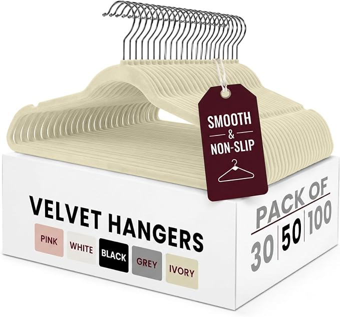LDC Ivory Velvet Hangers 50 Pack - Premium Non-Slip Clothes Coat Pants Felt Hanger for Closet - Heavy Duty Space Saving 360° Swivel Hook Hangars - Ivory