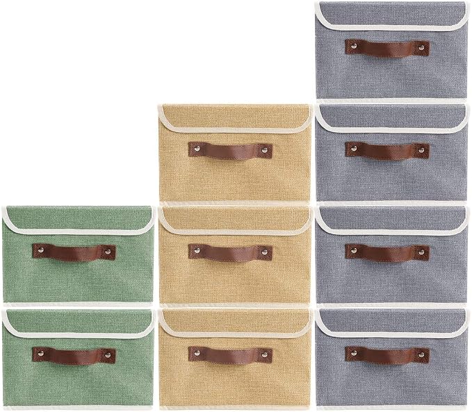 2Pack Storage Bins Boxes with Lids 10" x 8" x 7" Decorative Storage Baskets | Cotton Linen Fabric, Collapsible, Faux Leather Handles, Storage Cubes, Closet Shelf Clothes Organizer Container, Grey