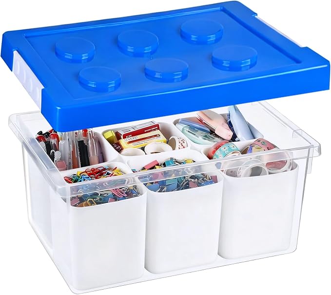 Plastic Storage Bins with Lids, Art Craft Supply Organizer Box with Brush Pot, Multipurpose Stackable Storage Containers for Organizing Tool, Craft, Crayon,Sewing (Blue)