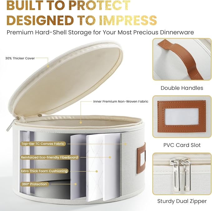 HOMELUX THEORY Plate Storage Box, 2pc 10"x8" Ivory Hard Shell China Storage Containers, Kitchen Storage Bins With Lids, Heavy Duty Moving Box with Handles for Dishes, Dinner Plate & Dinnerware