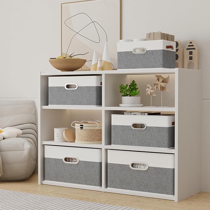Yawinhe Fabric Storage Baskets, Foldable Closet Organizer for Shelves, Large Boxes with 3 Handles, Canvas Bins for Clothes, White/Grey, 12.99''Lx9.05''Wx7.87''H, 6-Pack