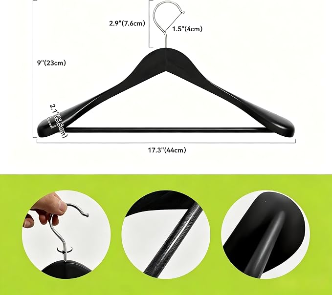 ABHENG Solid Wood Suit Hangers, 10 Pack, Coat Hangers with Non Slip Trouser Bar, 360° Swivel Hook, Heavy Duty Wide for Suit, Coat, Jacket, Trousers, Pants,17.3" W x 9" H, Black AWY0410B