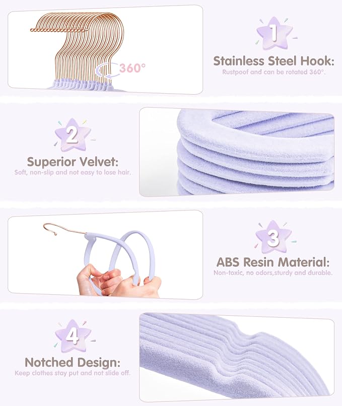 VIS'V Velvet Baby Hangers with 6 Pcs Size Dividers, 11 Inch, Purple, 50 Pcs | Compact Size, Non Slip, Infant Toddler Nursery Closet Organization
