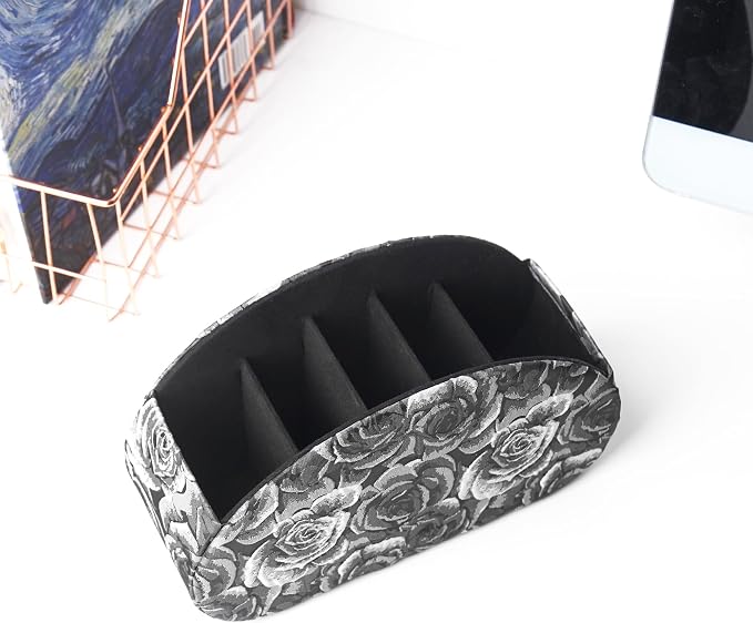 Remote Control Holder, PU Leather Remote Caddy Desktop Organizer with 5 Spacious Compartments for TV Remotes/Media Controllers/Office Supplies (1-3D Black Grey