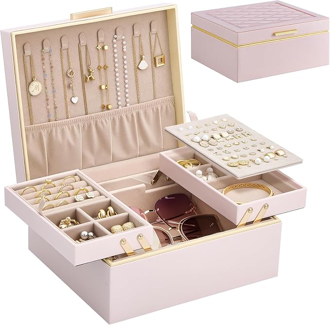 Lolalet Jewelry Box Organizer for Women Girls, 2 Layer Jewelry Organizers and Storage for Necklace Earrings Rings Bracelets, Large Jewellery Holder Case Birthday Gifts -Pink