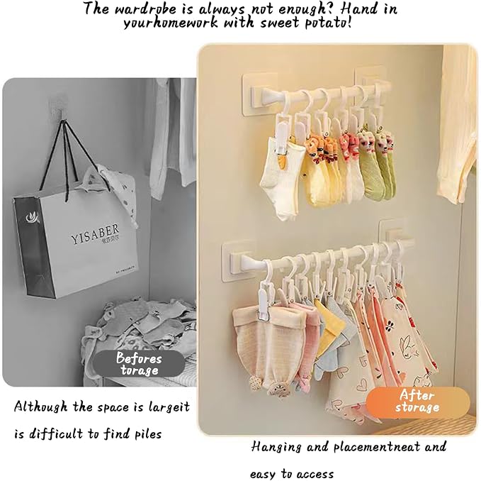 Kid Pants Hanger Organizer with 10 Clips - White & Plastic | Baseball Cap Display Holder, Closet Rail Wall Mounted Door Rack for Drying Baby Socks, Towel, Hats, Toddler Leggings