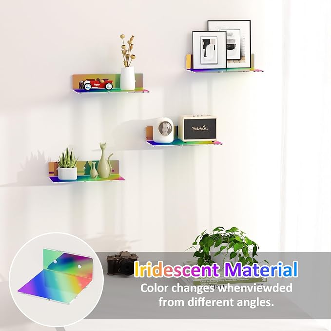 Sezanrpt 12 Inches Iridescent Wall Shelves, Moisture-Proof Acrylic Organizer Shelves for Bathroom, Bedroom, Living Room, Retail, 4 Pack