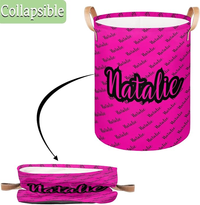 Personalized Laundry Basket, Custom Gift Laundry Hamper, Collapsible Nursery Waterproof Laundry Baskets, Dirty Clothes Toy Hamper with Handles Name Hot Pink Black