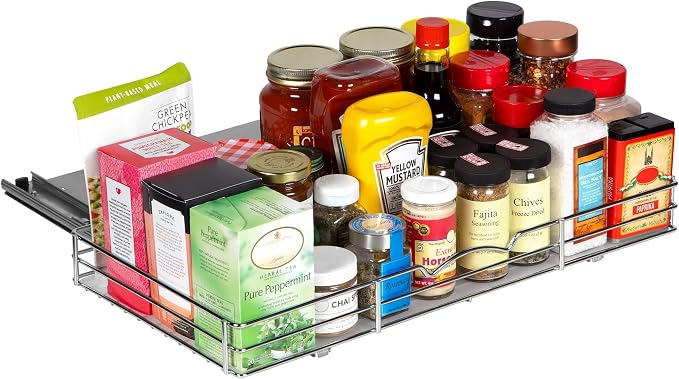 Pull-Out Cabinet Spice Rack Organizer, 20 ⅜"W x 10 ⅜"D x 2 ¾"H | Slim Slide-Out Storage for Spices, Bottles & Jars, Premium Heavy-Duty Steel, Easy Install for Narrow Kitchen Cabinets, Chrome