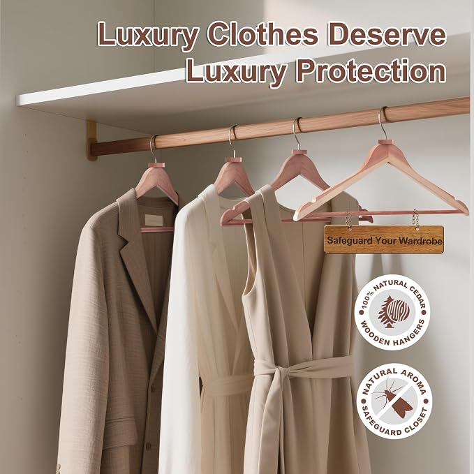 HOUSE DAY Cedar Hangers for Closet, Smooth Cedar Wood Hangers 10 Pack with Rings, 360° Swivel Hook, U-Shape Notched, Non Slip Pant Bar, Sturdy Wooden Clothes Hanger for Coats, Dresses, Suits