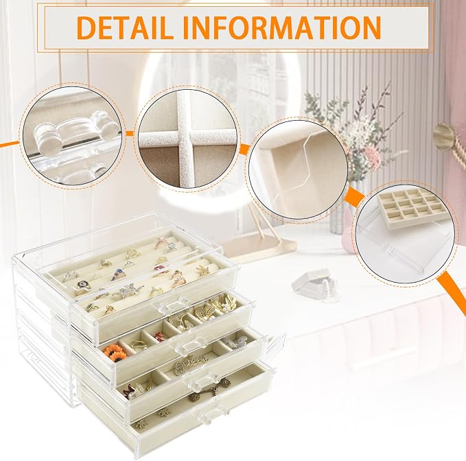 Weiai Acrylic Jewelry Organizer Box 4 Drawer Earring Case Storage for Women Beige